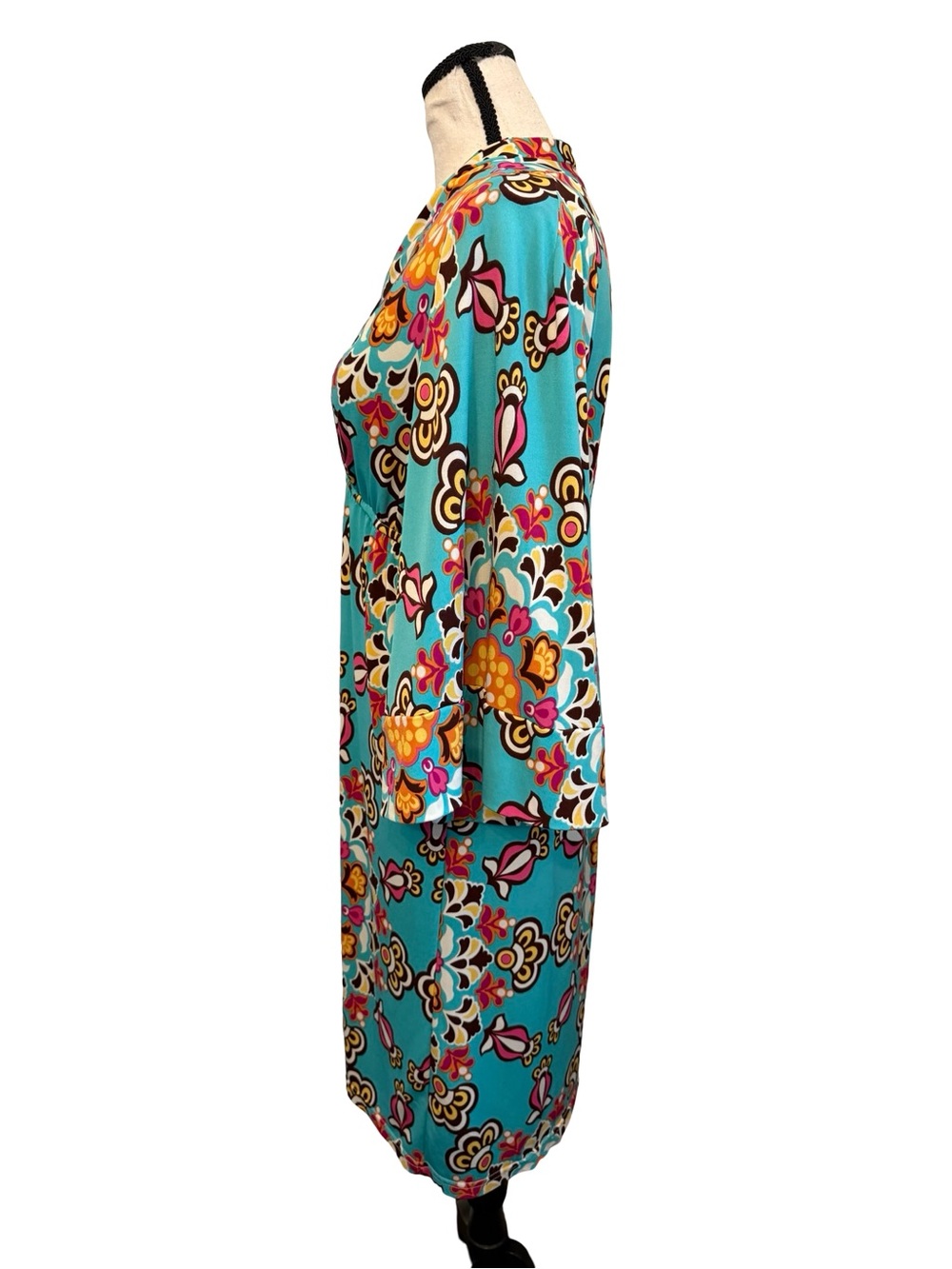 Judith March Boho Empire Waist Midi Dress Large Turquoise Retro Floral Made USA - Picture 3 of 12